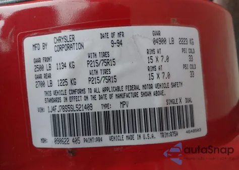 1995 Jeep Cherokee Country z USA, uszkodzony, nr VIN 1J4FJ78S5SL521409